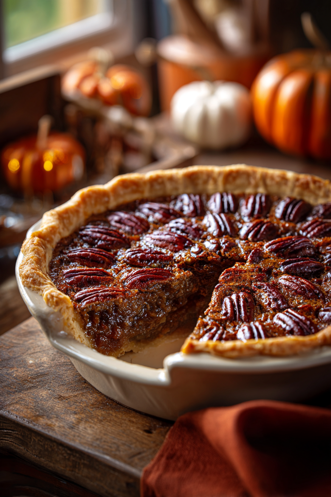 Pinterest pin of a classic Southern pecan pie recipe with gooey caramel filling