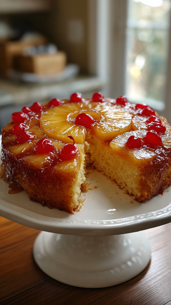 Pinterest pin of an easy classic pineapple upside down cake recipe with caramelized pineapple