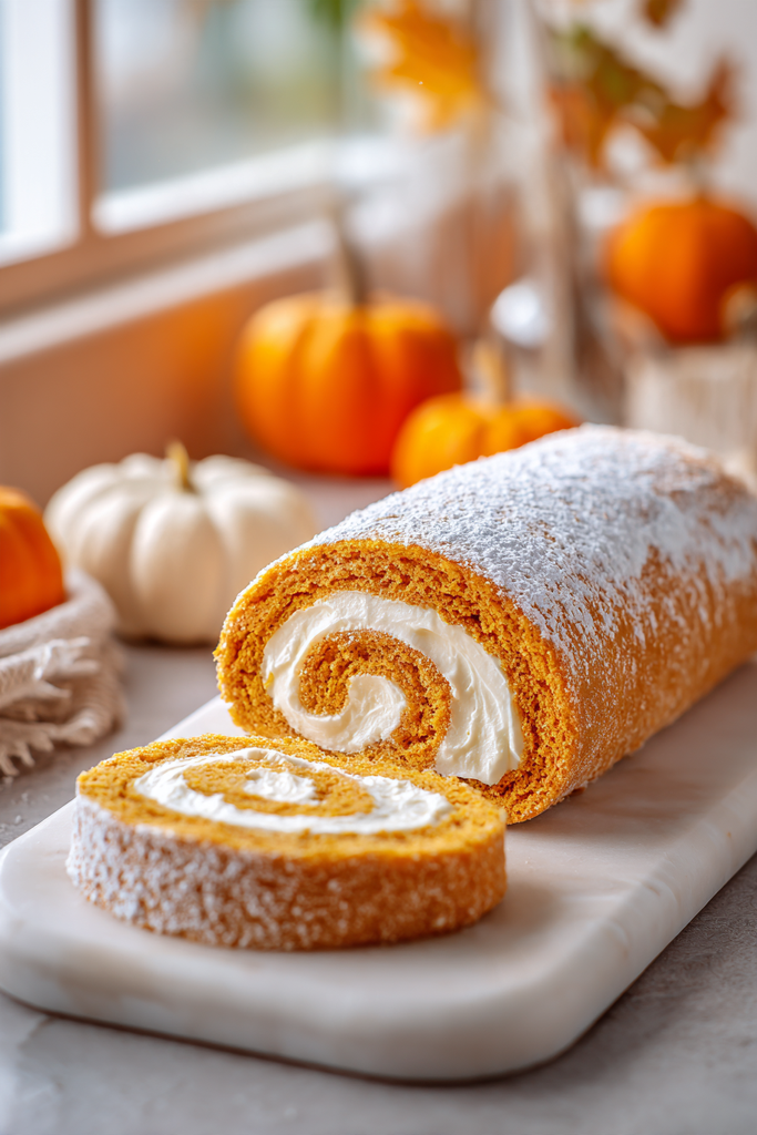 Pinterest pin of an easy pumpkin roll recipe with cream cheese filling