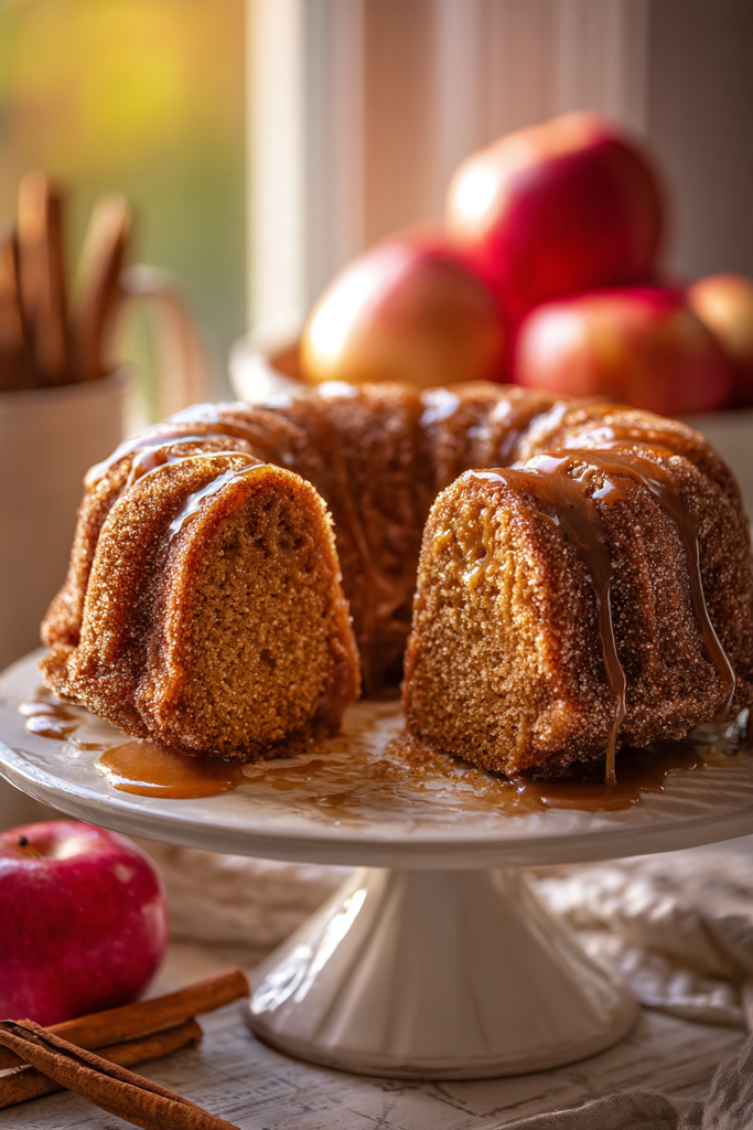 Pinterest pin of an easy apple cider donut cake recipe with cinnamon sugar and caramel glaze